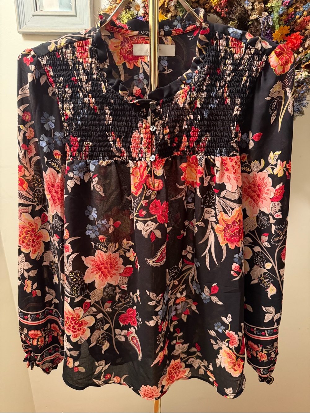 LOFT Black Floral Smocked Yoke Long-Sleeve Blouse